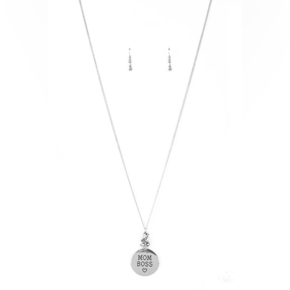 Long silver and white rhinestones “Mom boss” pendant necklace*